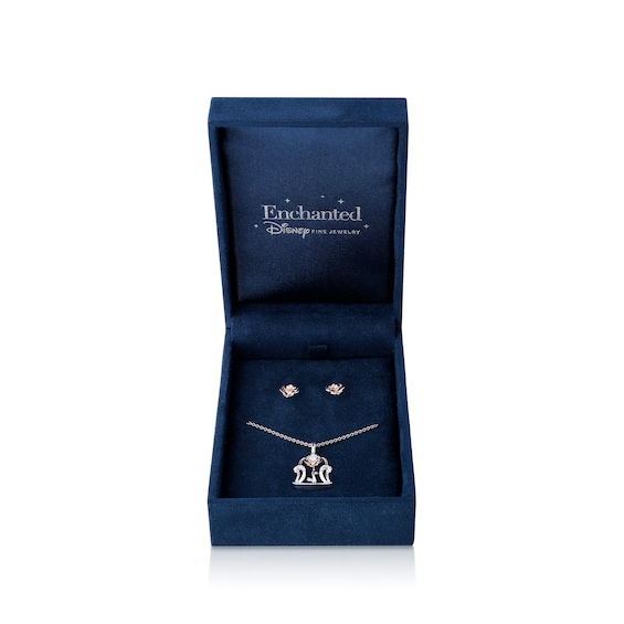 Enchanted Disney Belle 1/8 CT. T.w. Diamond Rose Pendant and Earrings Set in Sterling Silver and 10K Rose Gold