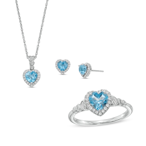 Heart-Shaped Swiss Blue Topaz and White Lab-Created Sapphire Pendant, Ring and Stud Earrings Set in Sterling Silver