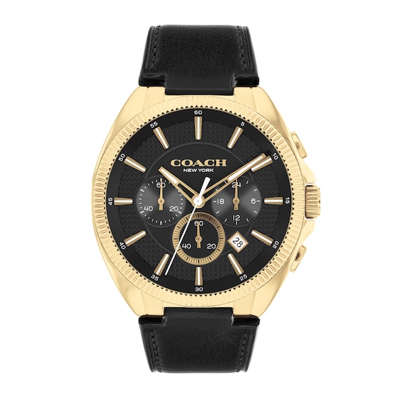 Men's Coach Jackson Gold-Tone IP Black Leather Strap Chronograph Watch with Black Dial (Model: 14602684)