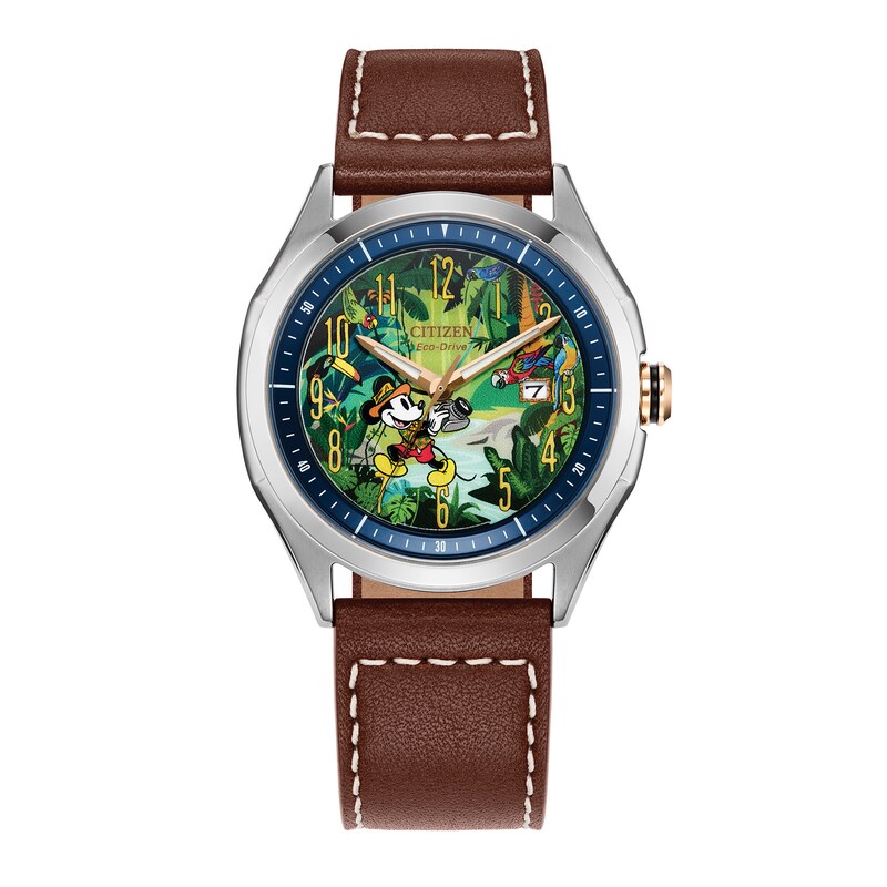 Main Image 1 of Men's Citizen Eco-Drive® Disney® Mickey Mouse Explorer Watch with Multi-Color Dial and Leather Strap (Model: AW1149-06W)
