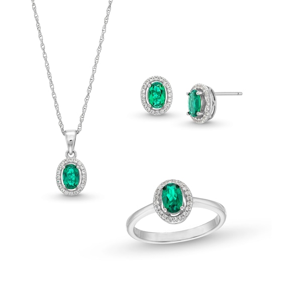 Oval Lab-Created Emerald and White Lab-Created Sapphire Frame Pendant, Ring and Stud Earrings Set in Sterling Silver