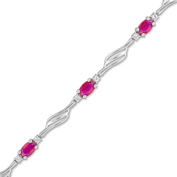 Oval Lab-Created Ruby and White Lab-Created Sapphire Bypass Wave Alternating Line Bracelet in Sterling Silver - 7.25"