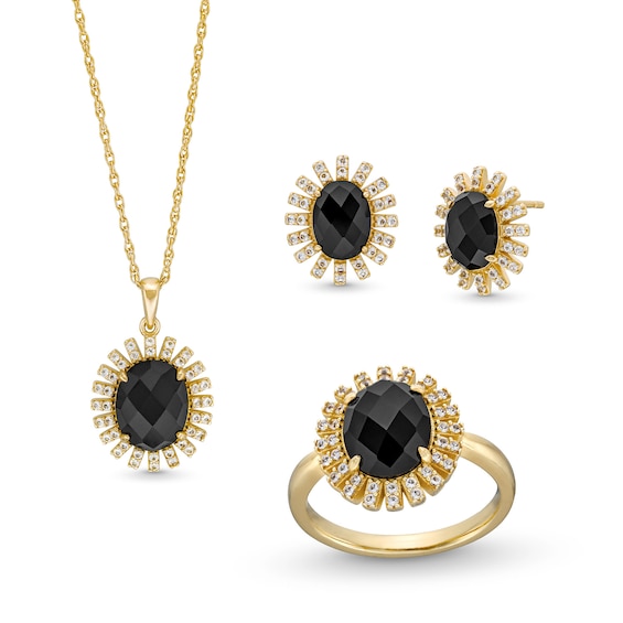Onyx and White Lab-Created Sapphire Sunburst Pendant, Ring and Stud Earrings Set in Sterling Silver with 18K Gold Plate