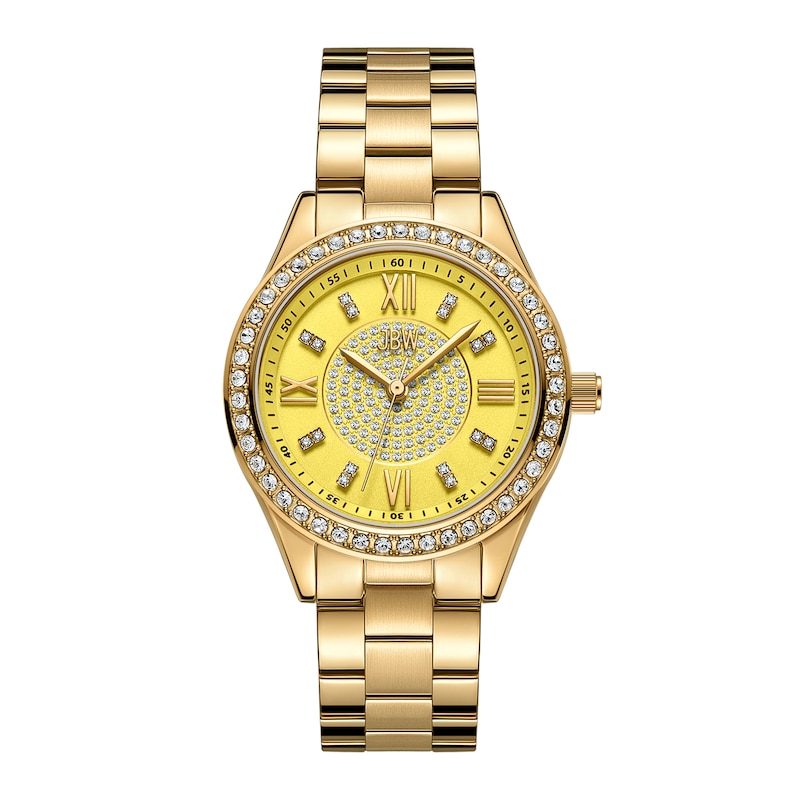 Ladies’ JBW Mondrian 34 1/15 CT. T.W. Diamond and Crystal Accent 18K Gold Plate Watch with Yellow Dial (Model: J6388D)