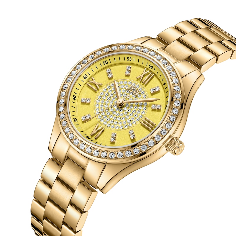Ladies’ JBW Mondrian 34 1/15 CT. T.W. Diamond and Crystal Accent 18K Gold Plate Watch with Yellow Dial (Model: J6388D)
