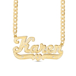 1/15 CT. T.W. Diamond Hammered Name Heart Ribbon Curb Chain Necklace in Sterling Silver with 14K Gold Plate (1 Line)