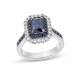 Vera Wang Love Collection Emerald-Cut Blue Sapphire and 1/2 CT. T.W. Diamond Frame Engagement Ring in 14K White Gold