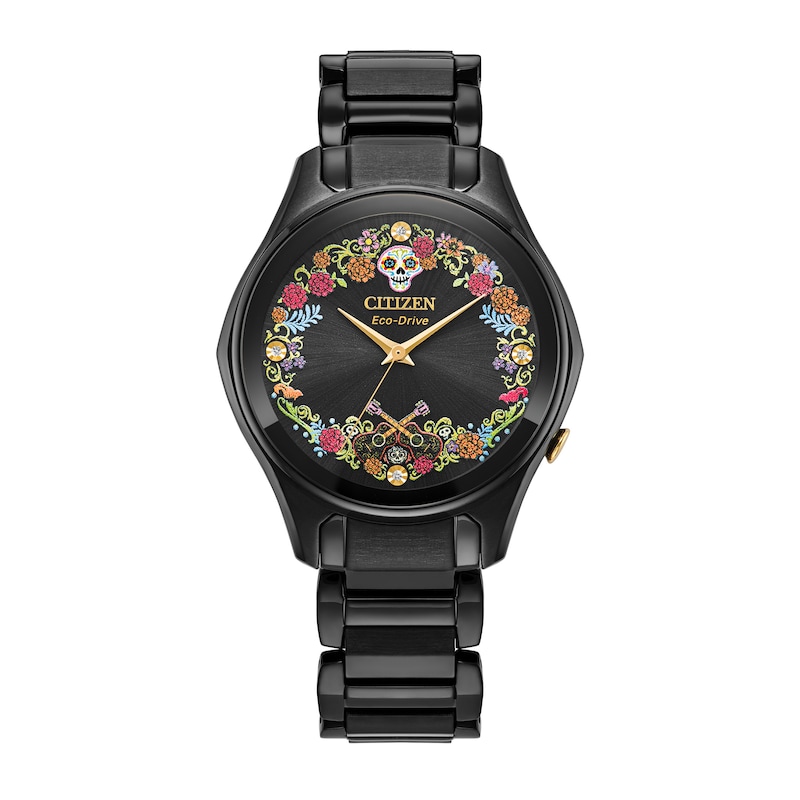 Main Image 1 of Ladies' Citizen Eco-Drive® Disney Pixar Coco Sugar Skull Crystal Accent Black IP Watch (Model: EM1175-51W)