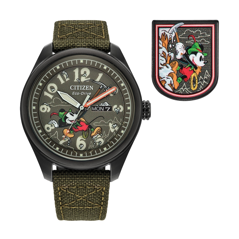 Main Image 1 of Men's Citizen Eco-Drive® Mickey Mouse Alpine Climber Green Strap Watch and Pin Box Set (Model: AW0148-47W)