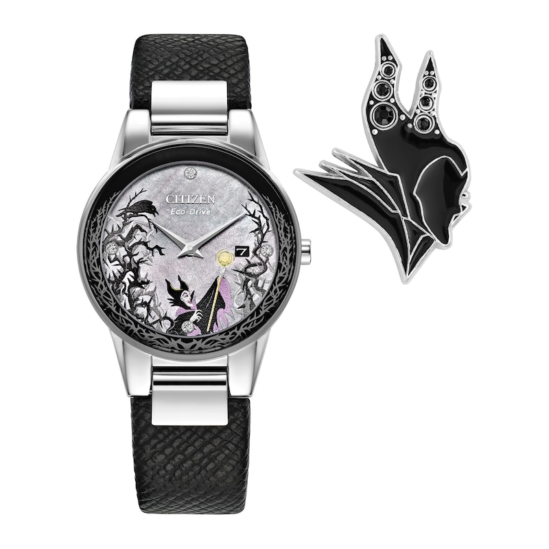 Main Image 1 of Ladies' Citizen Eco-Drive® Villains Maleficent's Charm Black Leather Strap Watch and Pin Box Set (Model: GA1080-41Y)