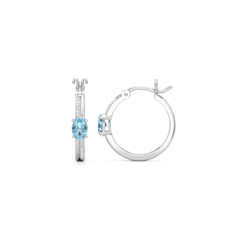Main Image 1 of Oval Aquamarine and White Lab-Created Sapphire Hoop Earrings in Sterling Silver