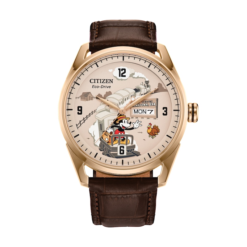 Main Image 1 of Men’s Citizen Eco-Drive® Disney Mickey Mouse on the Train Rose-Tone IP Brown Leather Strap Watch (Model: AW0088-04W)