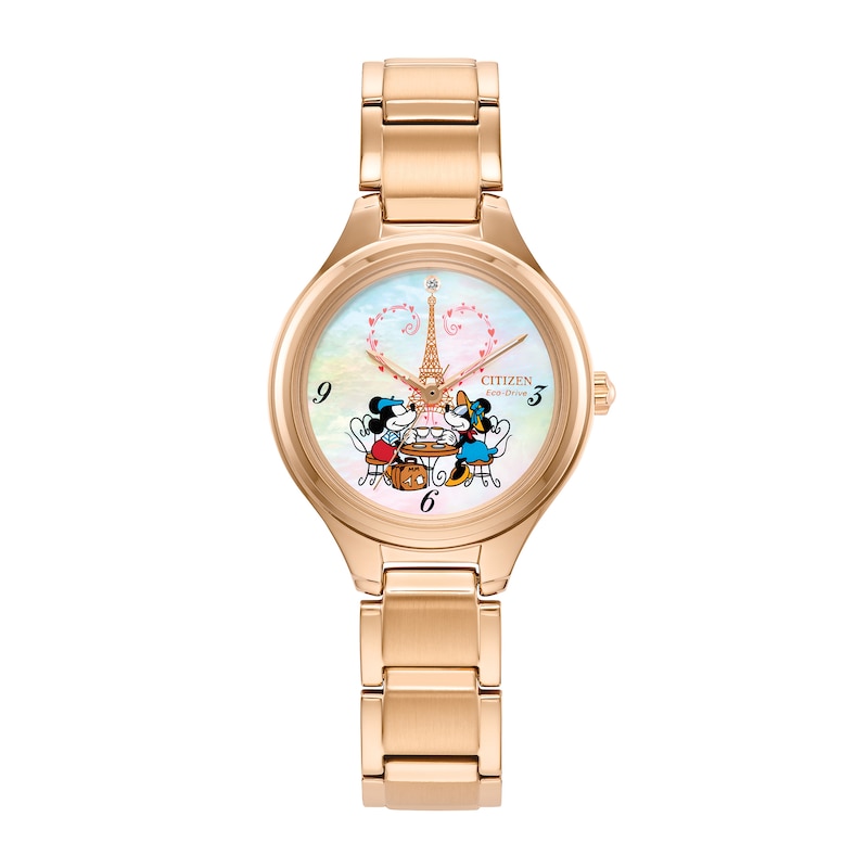 Main Image 1 of Ladies' Citizen Eco-Drive® Disney Mickey Mouse & Minnie Mouse in Paris Rose-Tone IP Watch (Model: FE2103-52D)