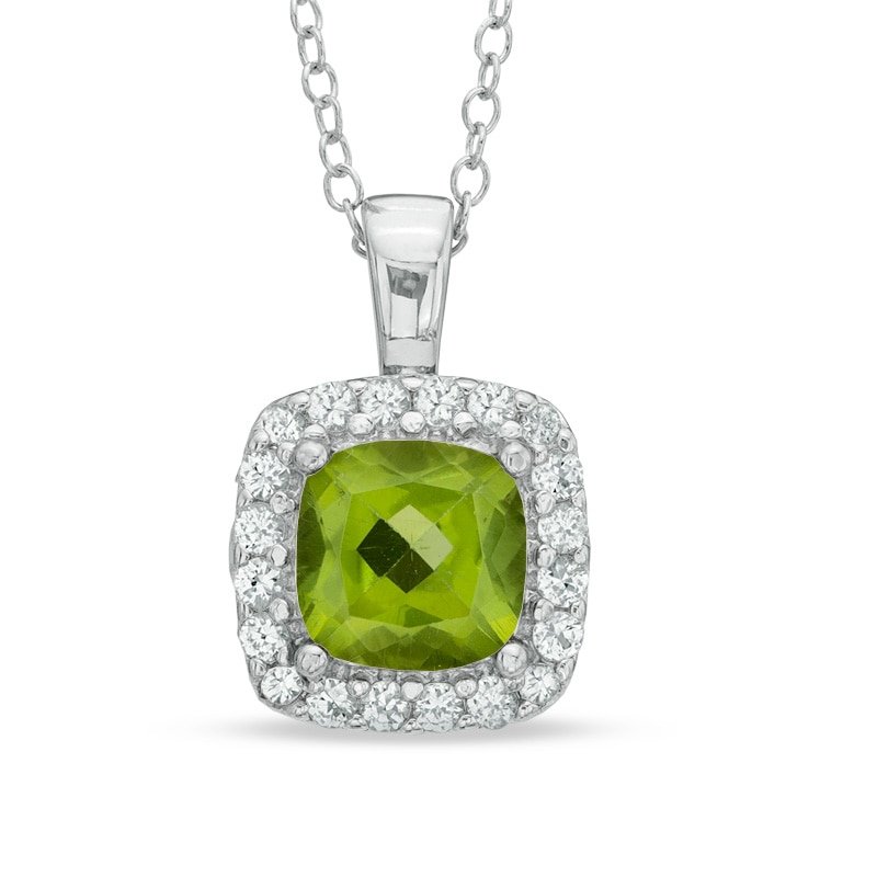 Previously Owned - 7.0mm Cushion-Cut Peridot and Lab-Created White Sapphire Frame Pendant in Sterling Silver