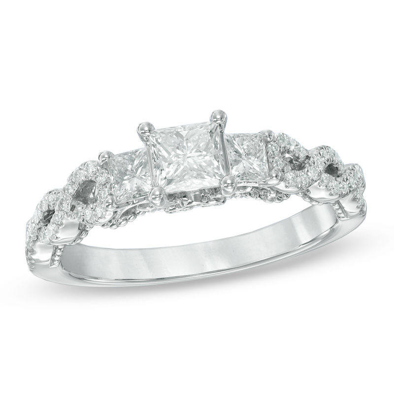 Previously Owned - 1 CT. T.W. Princess-Cut Diamond Past Present Future® Twist Ring in 14K White Gold (I/I1)