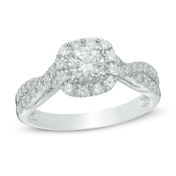 Previously Owned - 3/4 CT. T.w. Diamond Frame Twist Shank Engagement Ring in 14K White Gold