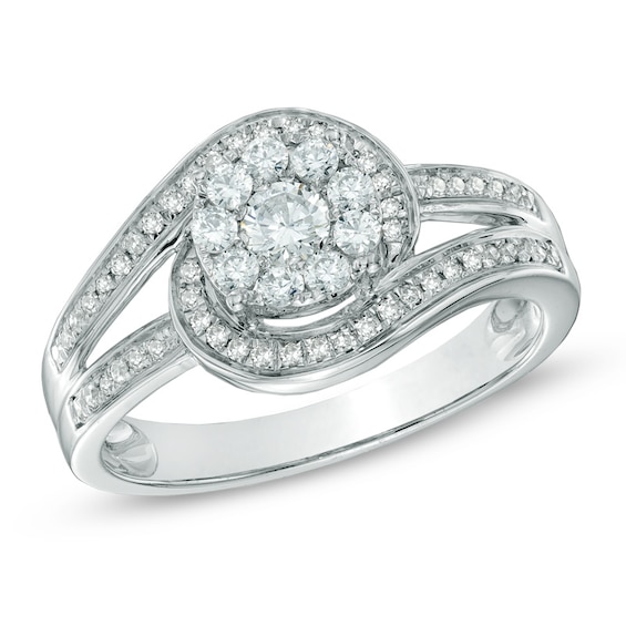 Previously Owned - 1/2 CT. T.w. Diamond Cluster Swirl Engagement Ring in 14K White Gold